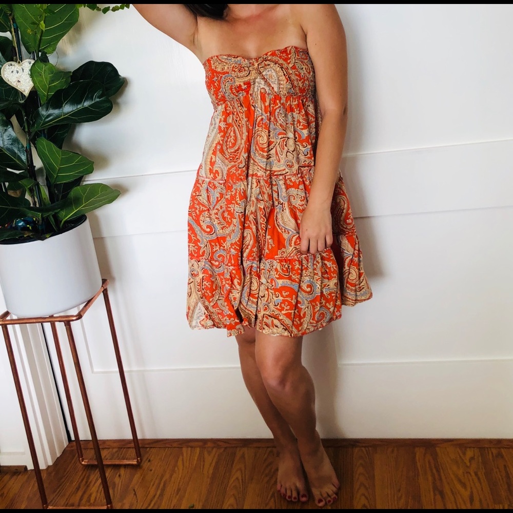 Orange strapless mini dress